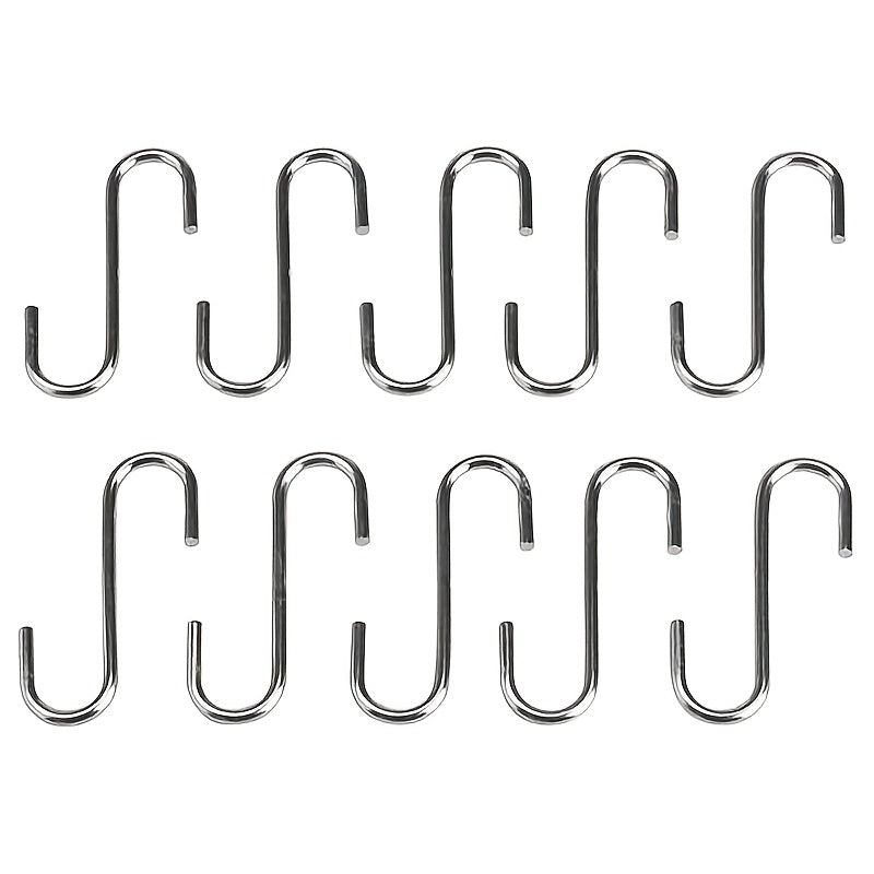 10 stainless steel S-shaped hooks for bathroom and household use in a bag