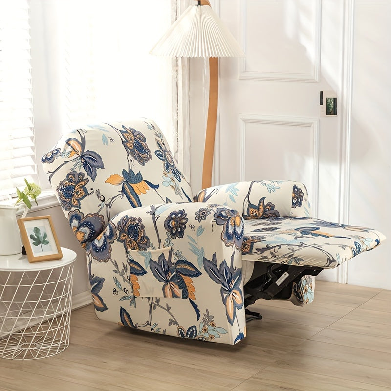 Boho recliner chair cover with pocket, non-slip, machine washable, blue color, made of polyester and spandex.