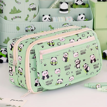 Panda cartoon pencil case with multi-layer organizer for pens, pencils and accessories. Stylish storage for boys and girls.