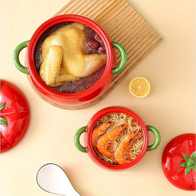 Large soup and salad bowl made of ceramic in the shape of a tomato, comes with a lid. Dishwasher safe and perfect for use in kitchens and restaurants. Makes for a unique gift idea.