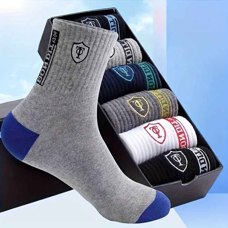 6 pairs of men's cotton sports socks with embroidered sweat-wicking knit fabric. Machine washable. Mixed colors. Unboxed.