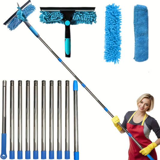 1 Retractable Window Cleaning Brush Kit with Telescopic Rod, Stainless Steel Handle, and Reusable Microfiber Pad - Includes High Reach Outdoor and Glass Cleaning Tool, Machine Washable, No Power Needed, 1 Rotatable Head, 2 Interchangeable Brushes Blue