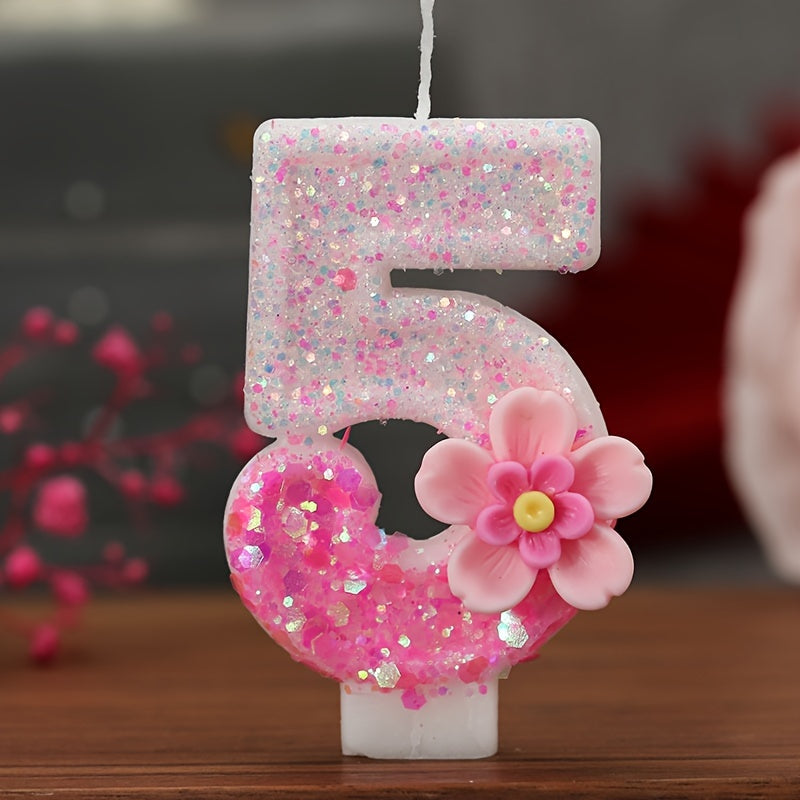 Pink floral number candle for cake decorations and parties.