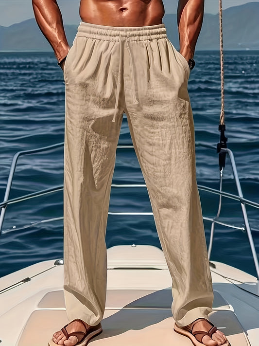 Men's plus size cotton drawstring beach pants in solid colors with pockets for a casual and loose fit, suitable for yoga.