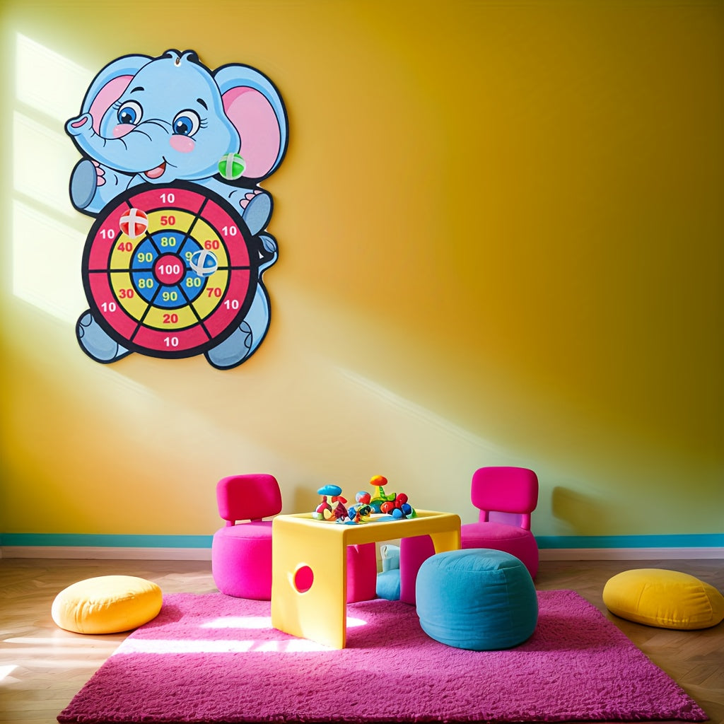 Elephant-shaped sticky dart board game set for ages 3+, includes hook and 3 sticky balls. Perfect family interactive play and birthday gift in polyester material, blue and purple.