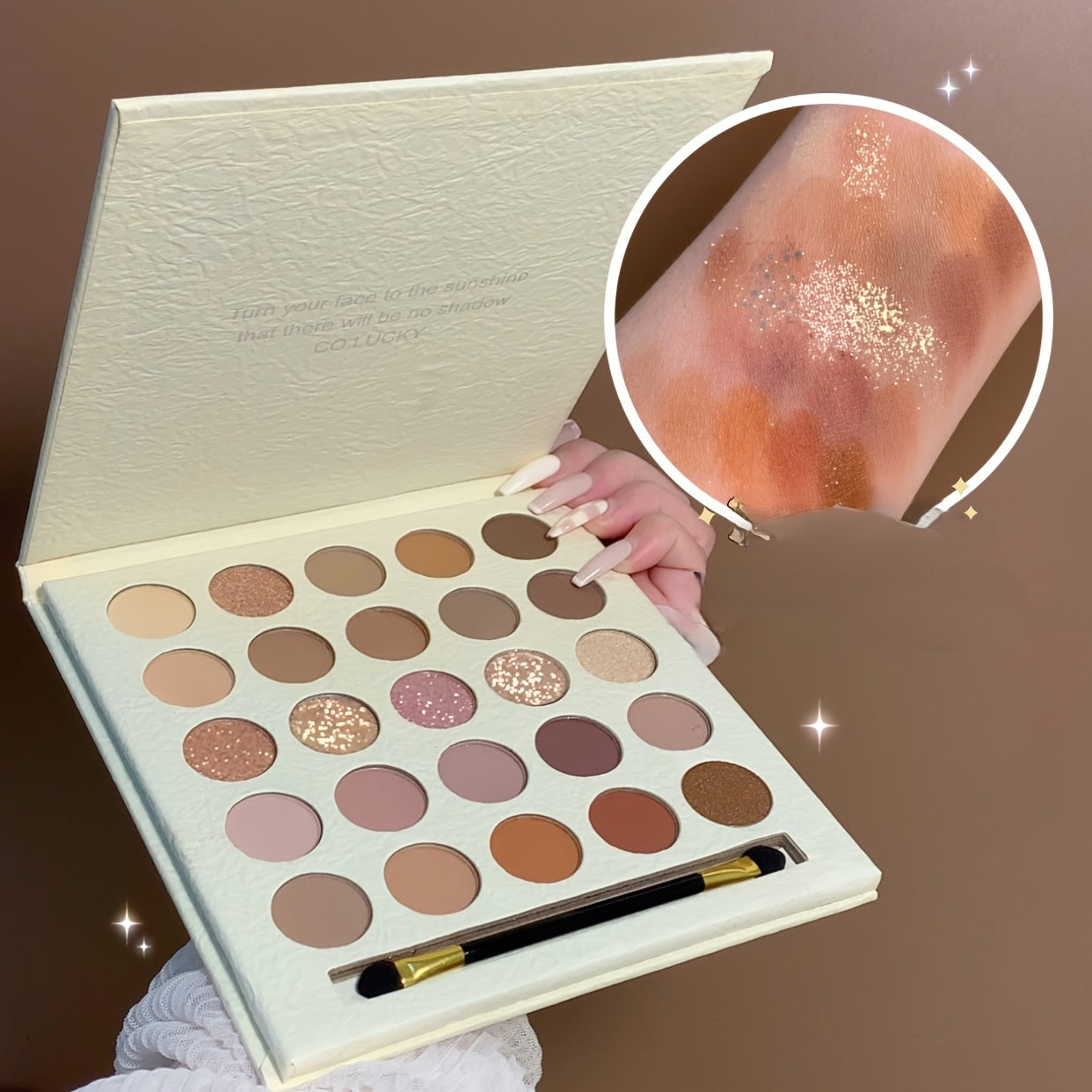 MUGELEEN 25-Color Eyeshadow Palette with Blush & Highlighter, includes brush, easy for beginners, matte & pearly finishes.