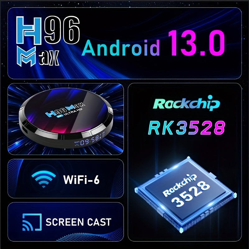 Android 13 RK3528 Чип ТВ Бокс с 2 ГБ ОЗУ и 16 ГБ встроенной памяти, поддерживает Двойной Wifi 6, HD AV1 и доступен с 4 ГБ ОЗУ и вариантами встроенной памяти 32/64 ГБ.