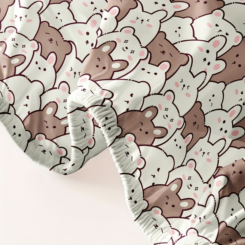 One piece of Cartoon Bear Print Fitted Sheet (Pillowcase not included) made of soft and comfortable material for a cozy sleep experience. Perfect for bedrooms or guest rooms, this brushed mattress protector features deep pockets for a secure fit. Fitted