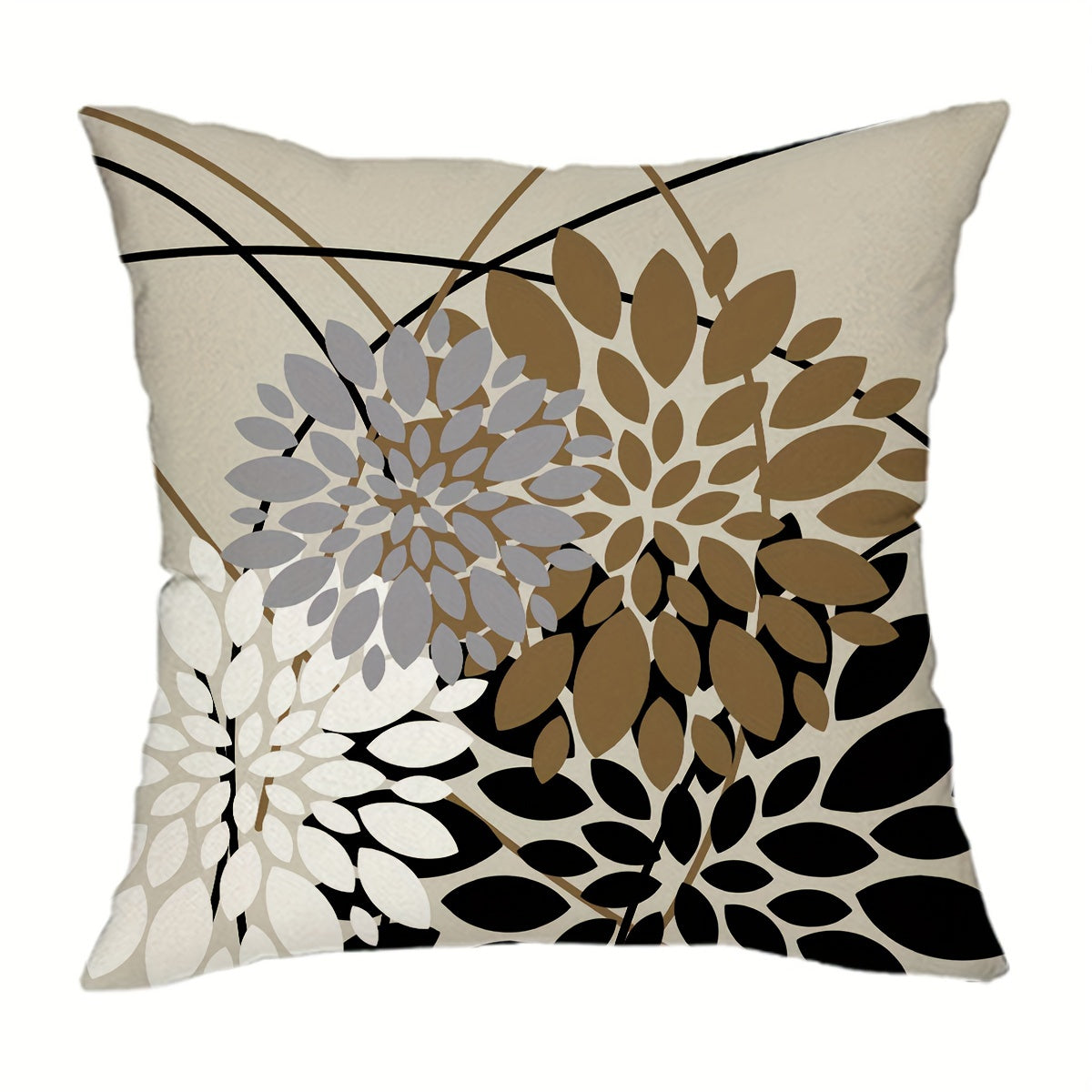 Stylish Dahlia Floral Pillow Cover in Black & Brown, Modern Farmhouse Decor for Living Room Sofa Bed, Zip Closure, Polyester, Hand Wash Only.