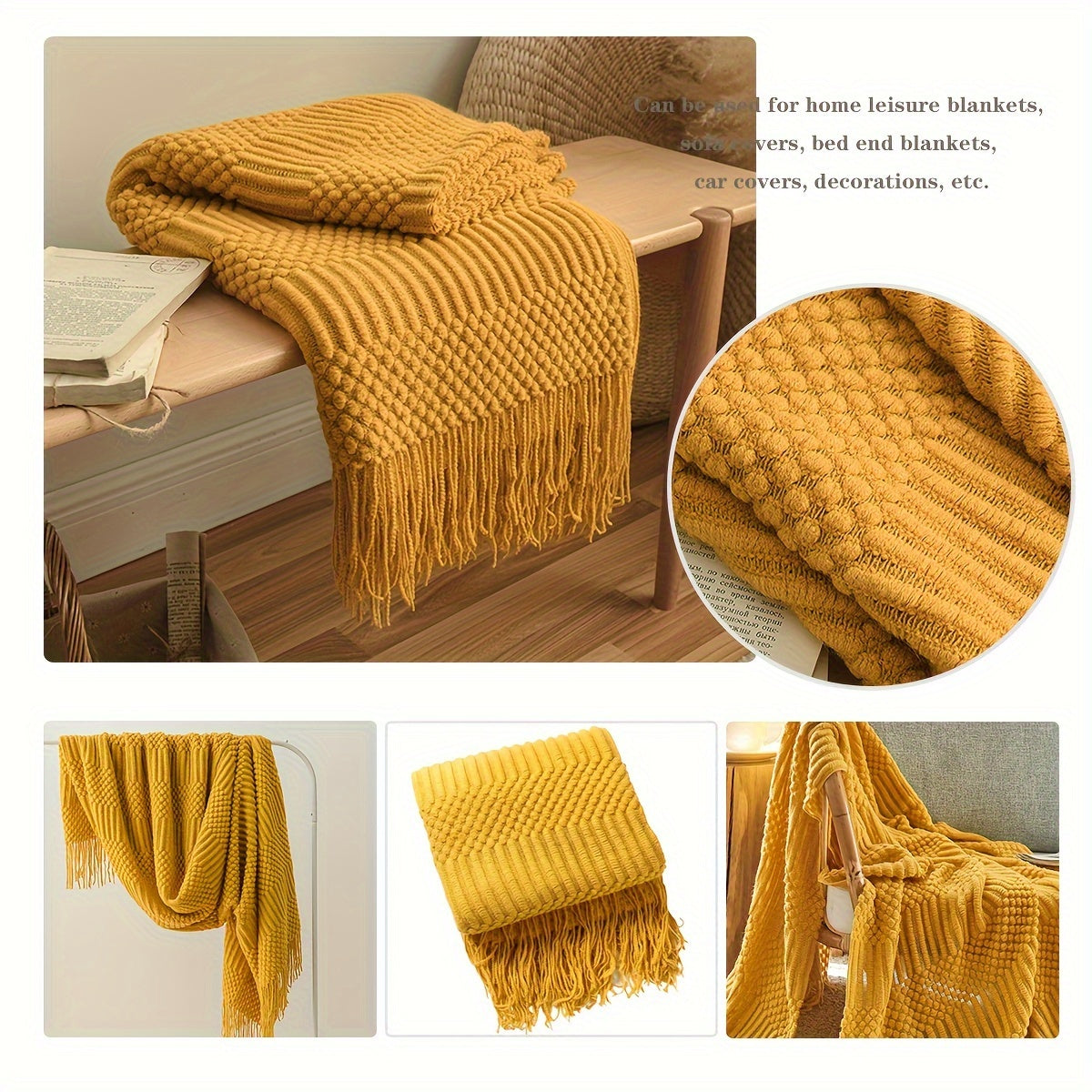 Soft and warm throw blanket for all seasons, perfect for the sofa, bed, car, or as a bed tail blanket. Features knitted tassels and multifunctional design.