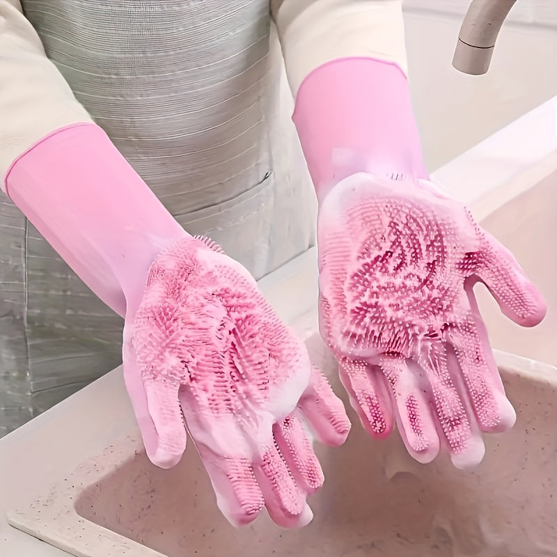 Get two durable and waterproof silicone dishwashing gloves in pink and blue colors. These ambidextrous gloves are BPA and lead-free, making them safe for use in the kitchen, bathroom, outdoors, and even in your car. They are wear-resistant and perfect