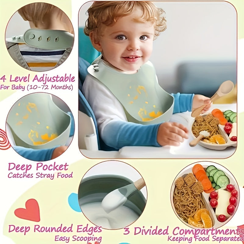 Set of 5 Baby Silicone Tableware including a fork and spoon with wooden handles, silicone bowl, divided plate, and waterproof bib. Conveniently washable and an essential addition to any household.