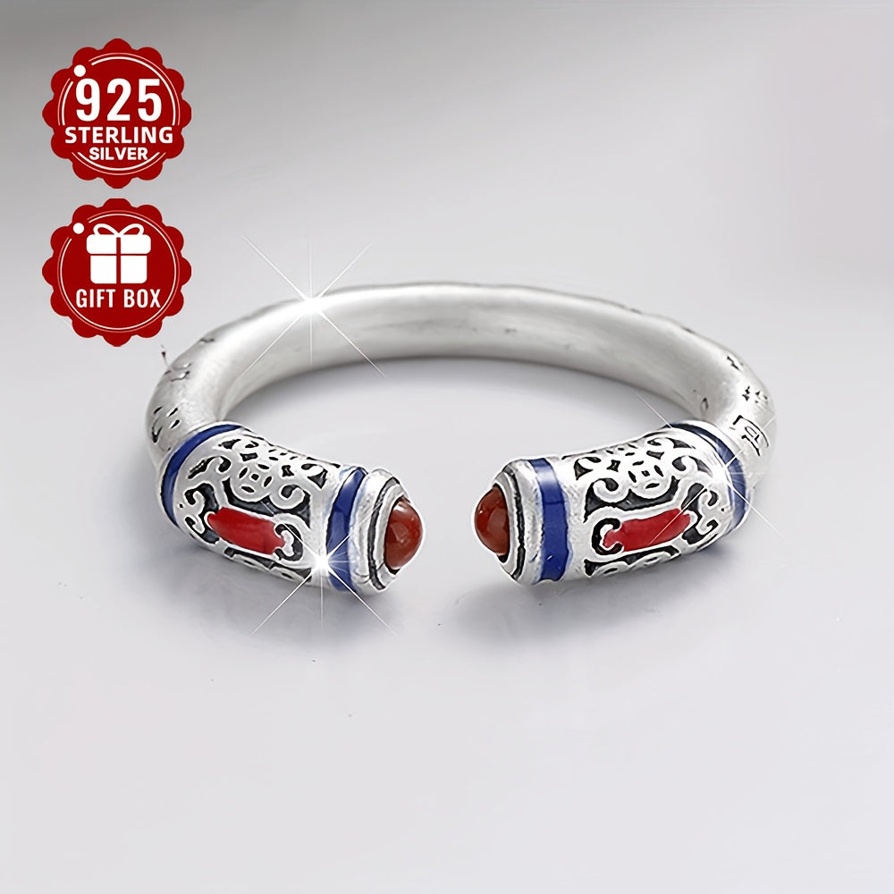 Open ring crafted from 925 sterling silver, featuring a retro, neutral, and national design with a drop glue red agate heart sutra carving. The matte finish adds a touch of elegance, making it suitable for party gatherings. Perfect for both men and