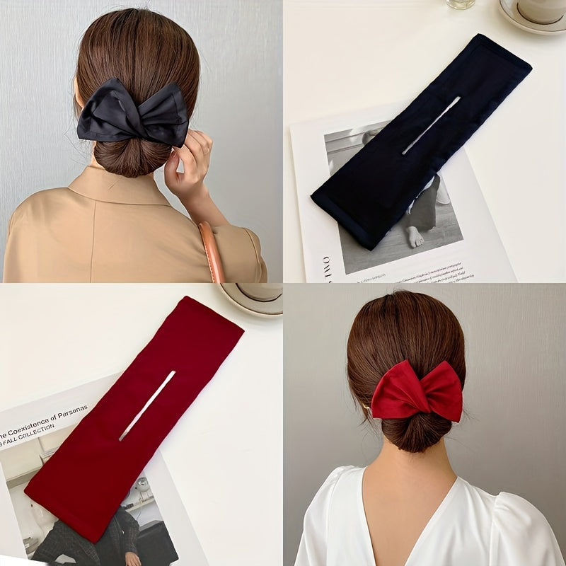 Bow shaped ponytail holder for creating lazy hair curls and buns, a fashionable women's hair accessory.