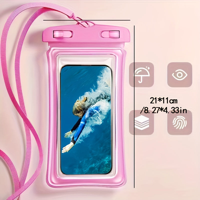 Waterproof phone pouch with 3D design and neck strap for 20.32 cm smartphones, ideal for beach, cruise, and travel.