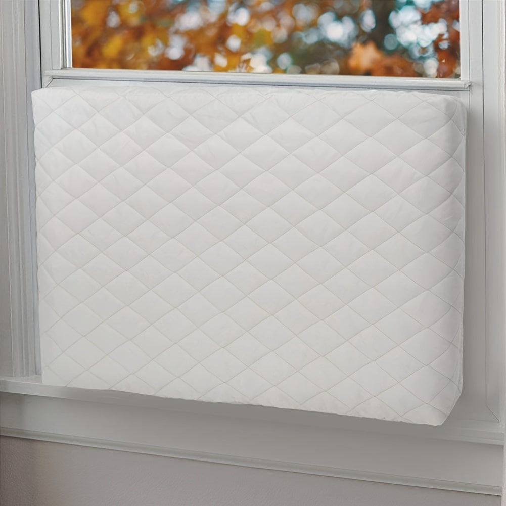 Quilted air conditioner dust cover with fitted elastic for indoor heat insulation. Made of polyurethane and polypropylene materials, no power supply required.