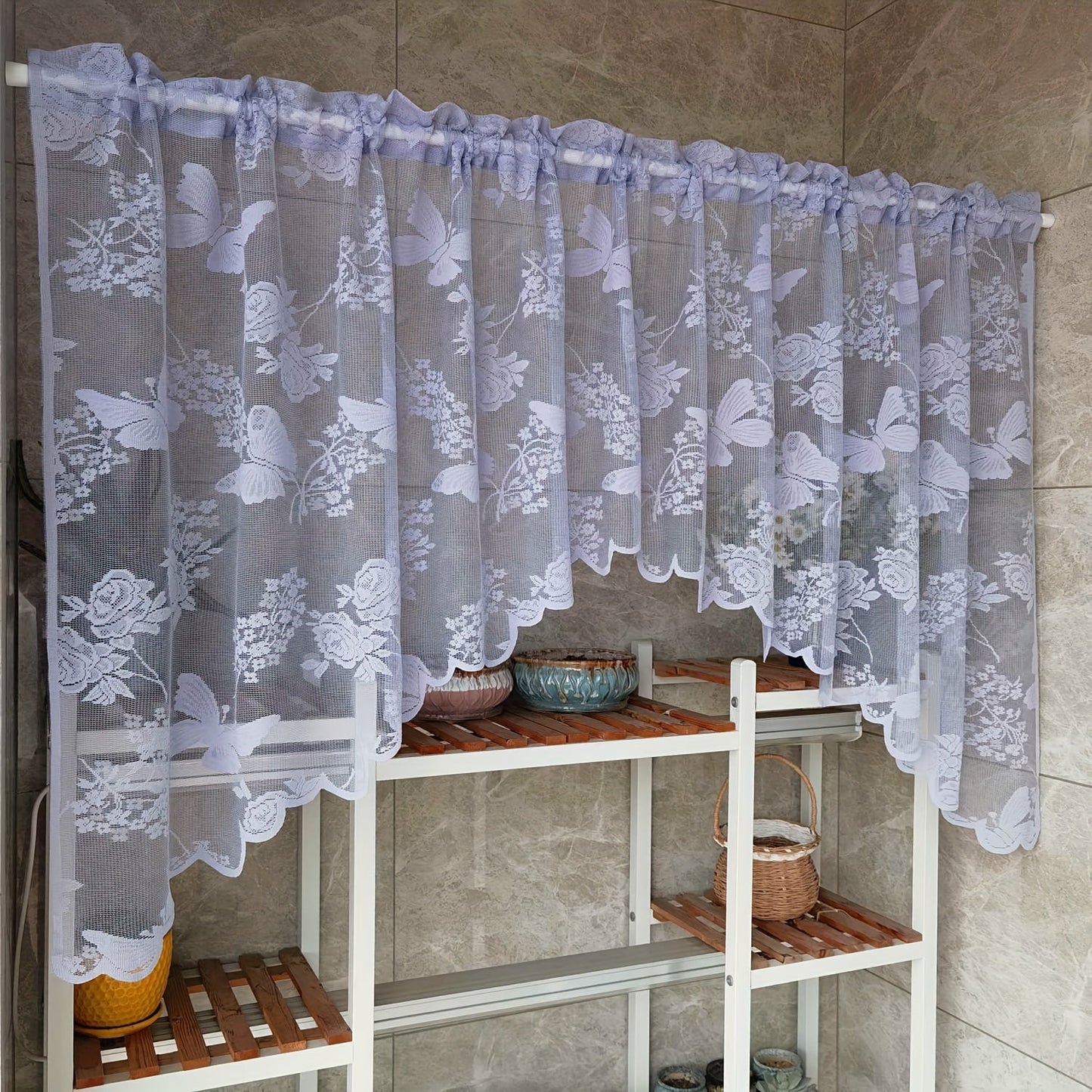 Elegant Art Deco Lace Butterfly Floral Sheer Curtain, made of lightweight 60gsm polyester. Features a rod pocket design for easy installation in the living room or entryway. These romantic jacquard blinds are perfect for all seasons and can be washed