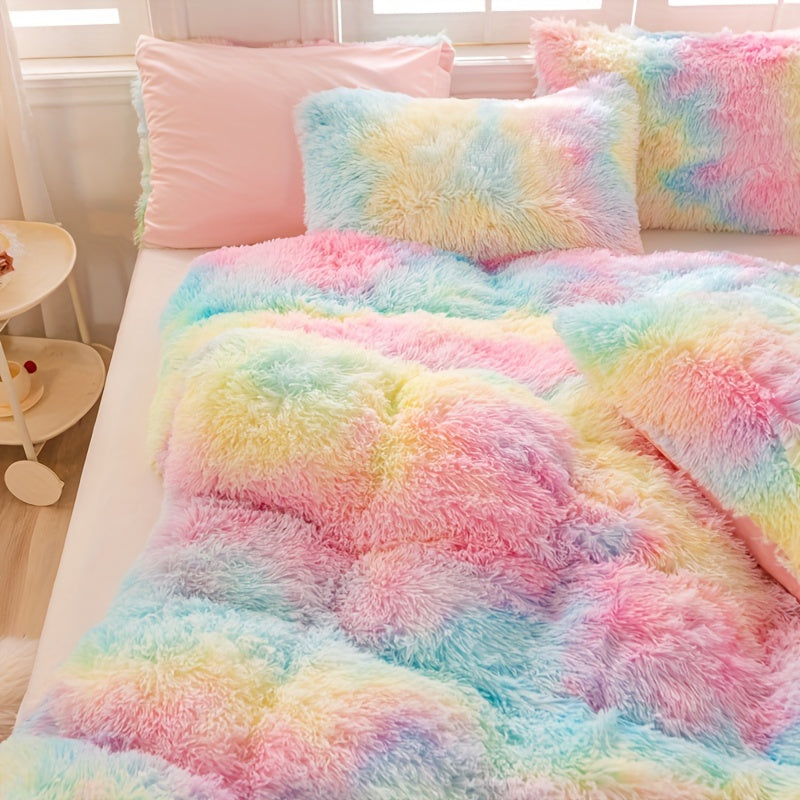 Y2K Tie Dye Plush Duvet Cover Set includes 3 pieces (1 Duvet Cover + 2 Pillowcases), providing soft and warm bedding.