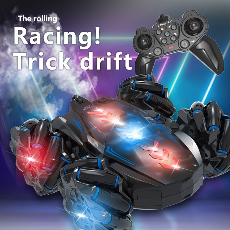 Double-sided remote control car with drift capabilities, lights, and music for stunt doubles.