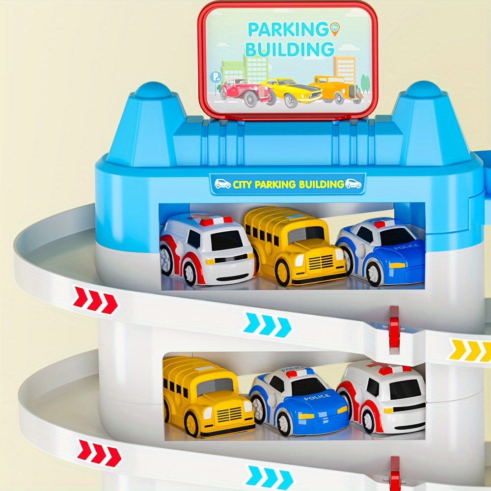 BABY HOME 4 Cars Garage with Parking Lot, Rail Car, Ambulance, Police Car, School Bus Toy Gift for Boy or Girl.