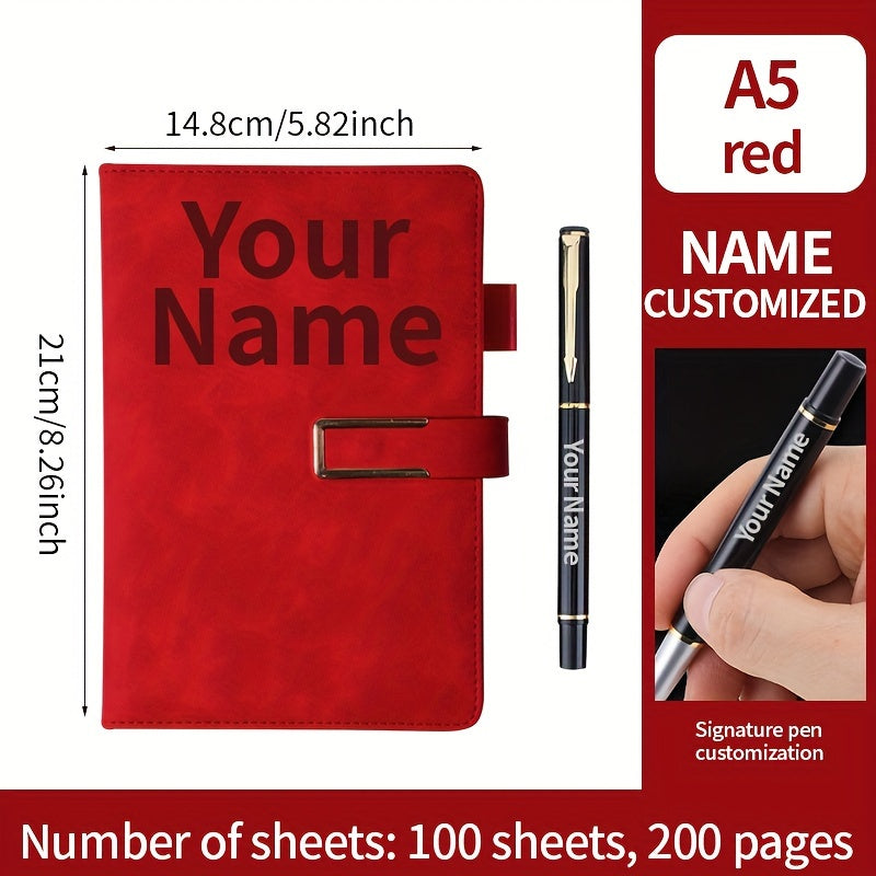 Personalized A5 notebook with custom engraved pen, minimalist textured design with plain pages for notes, journaling, and meetings. Includes custom name, phone, and logo. Features retro