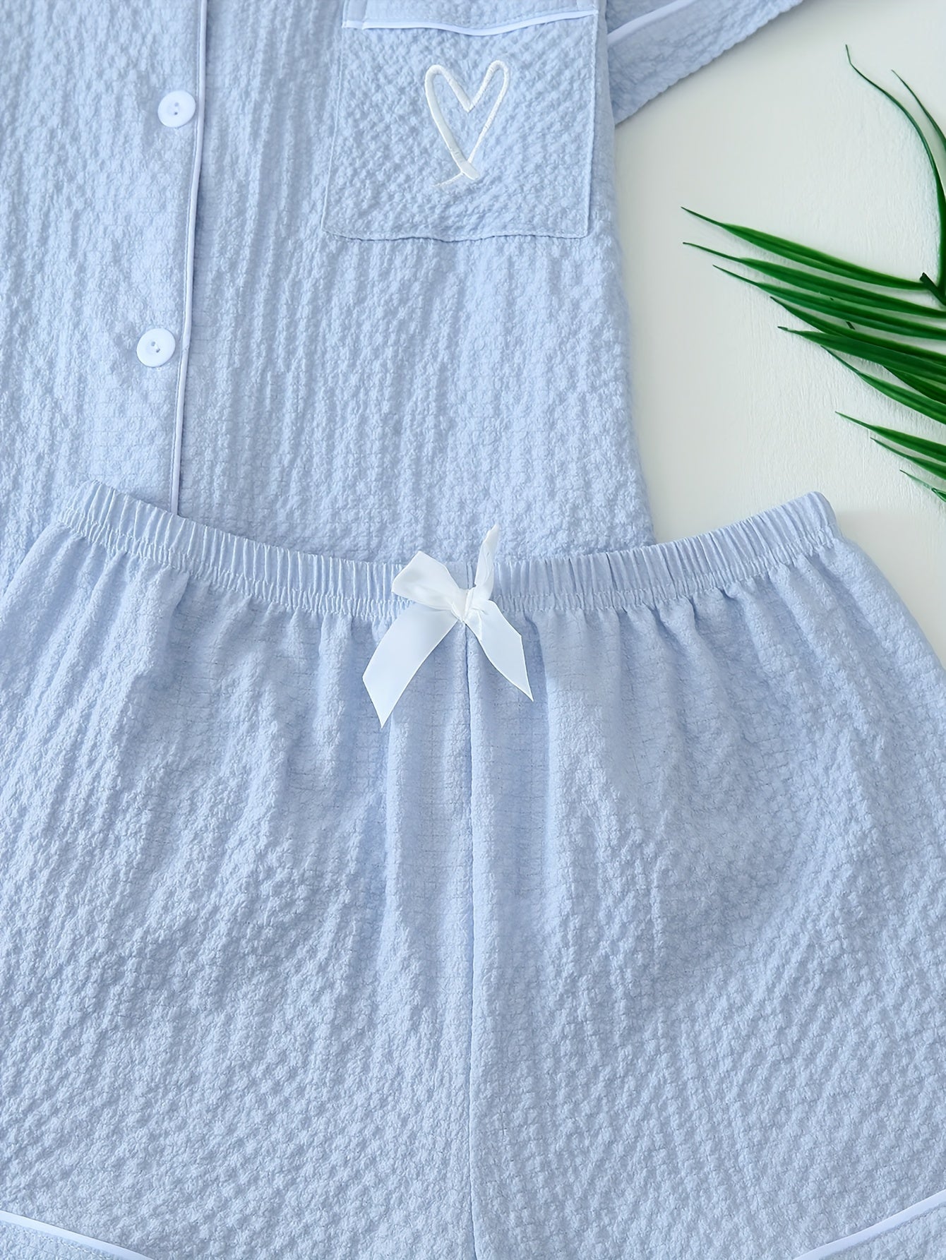 Women's Casual Pajama Set: Light Blue with Heart Embroidery, Short Sleeve Top and Shorts, Polyester/Spandex Blend, Woven Placket, Spring/Summer/Fall Sleepwear