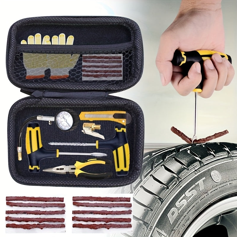 Universal tire repair kit with 4 pieces, ideal for car, motorcycle, and electric scooter. Features easy storage, non-slip handle, and is perfect for emergency roadside repairs.