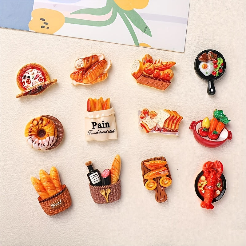 Set of 12 adorable French baguette, toast, and egg tart refrigerator magnets - perfect for adding a touch of charm to your kitchen, office cabinets, or dishwashers. These cute miniature magnetic food decals are ideal for holding photos and notes, adding