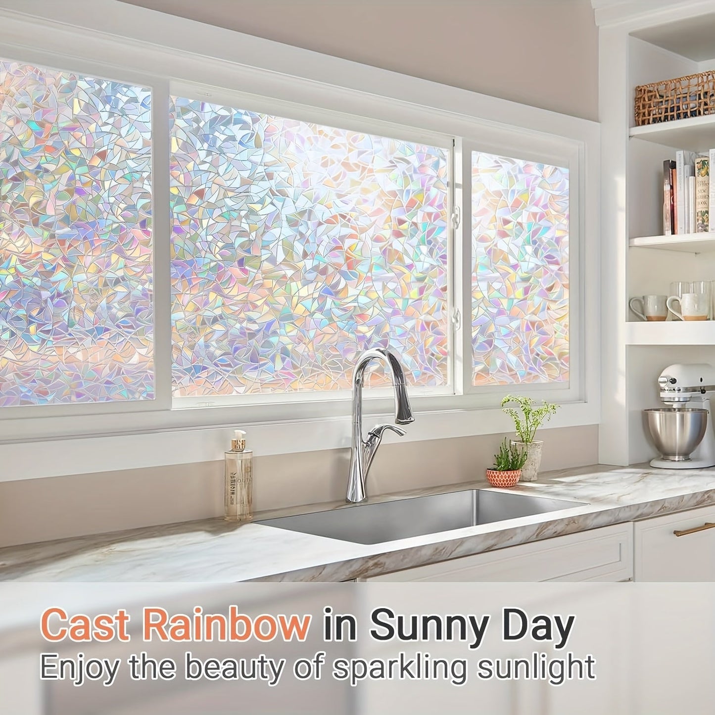 Retro Frosted Crescent Rainbow Pattern PVC Window Film with Static Cling Mounting and 7mil Thickness. Ideal for Heat-Insulation and Privacy in Home, Bathroom, and Kitchen. Adhesive-Free and Decorative 3D Glass Film.