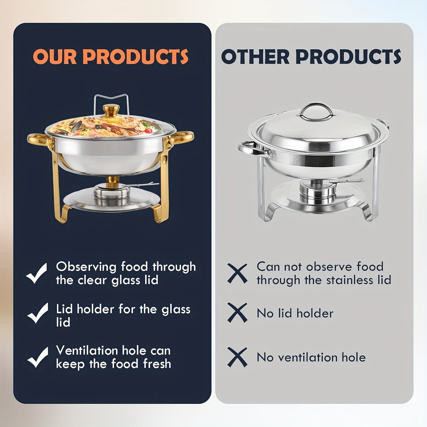 This set includes four 4-quart golden chafing dishes, complete with stainless steel round chafers topped with a glass lid for easy viewing. Each chafer also comes with a lid holder. Perfect for serving and keeping food warm at dinners, parties, weddings