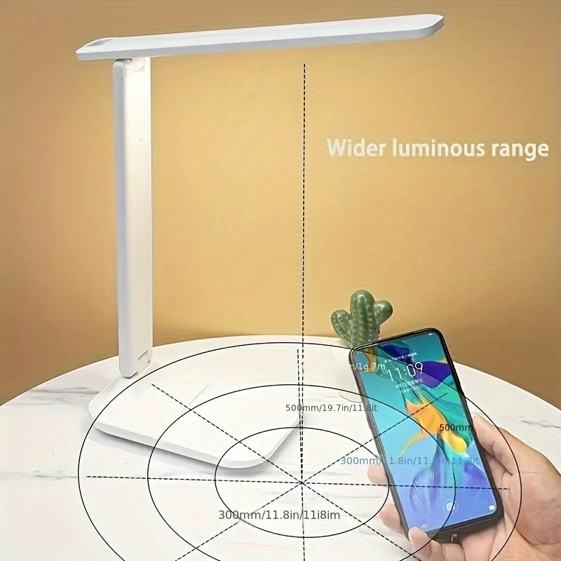 Adjustable white light LED desk lamp with USB rechargeable lithium battery, color changing feature, polished finish, suitable for reading and household lighting.