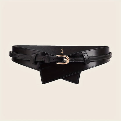 Women's wide waist belt with corset design and golden buckle.