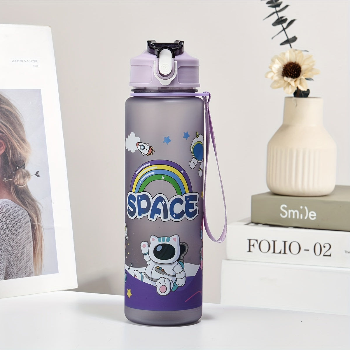 Space-themed astronaut water bottle with straw, lightweight, PVC-free, ideal for outdoor activities and back-to-school gift.