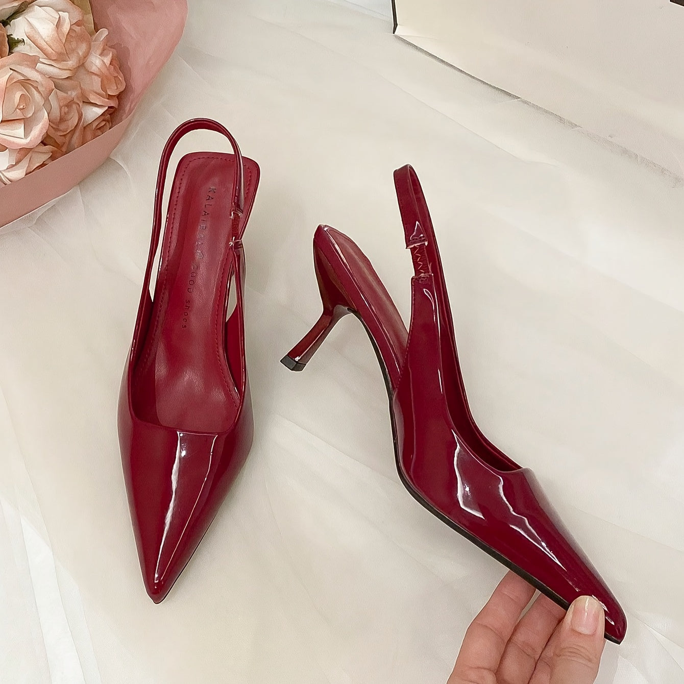 Chic slingback shoes with pointed toe, high stiletto heel, ankle strap, and faux cover in versatile French style for every season.