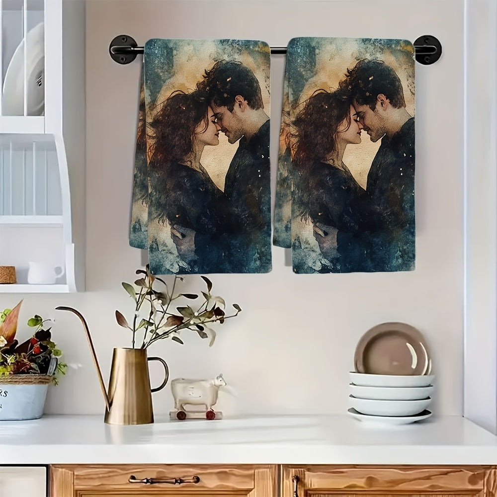 Add a touch of romance to your kitchen with these 2pcs Romantic Watercolor Kitchen Towels featuring the "Dreamers of Love" Embrace Design. Made of ultra soft and highly absorbent polyester, these dish hand towels are perfect for drying dishes and hands.