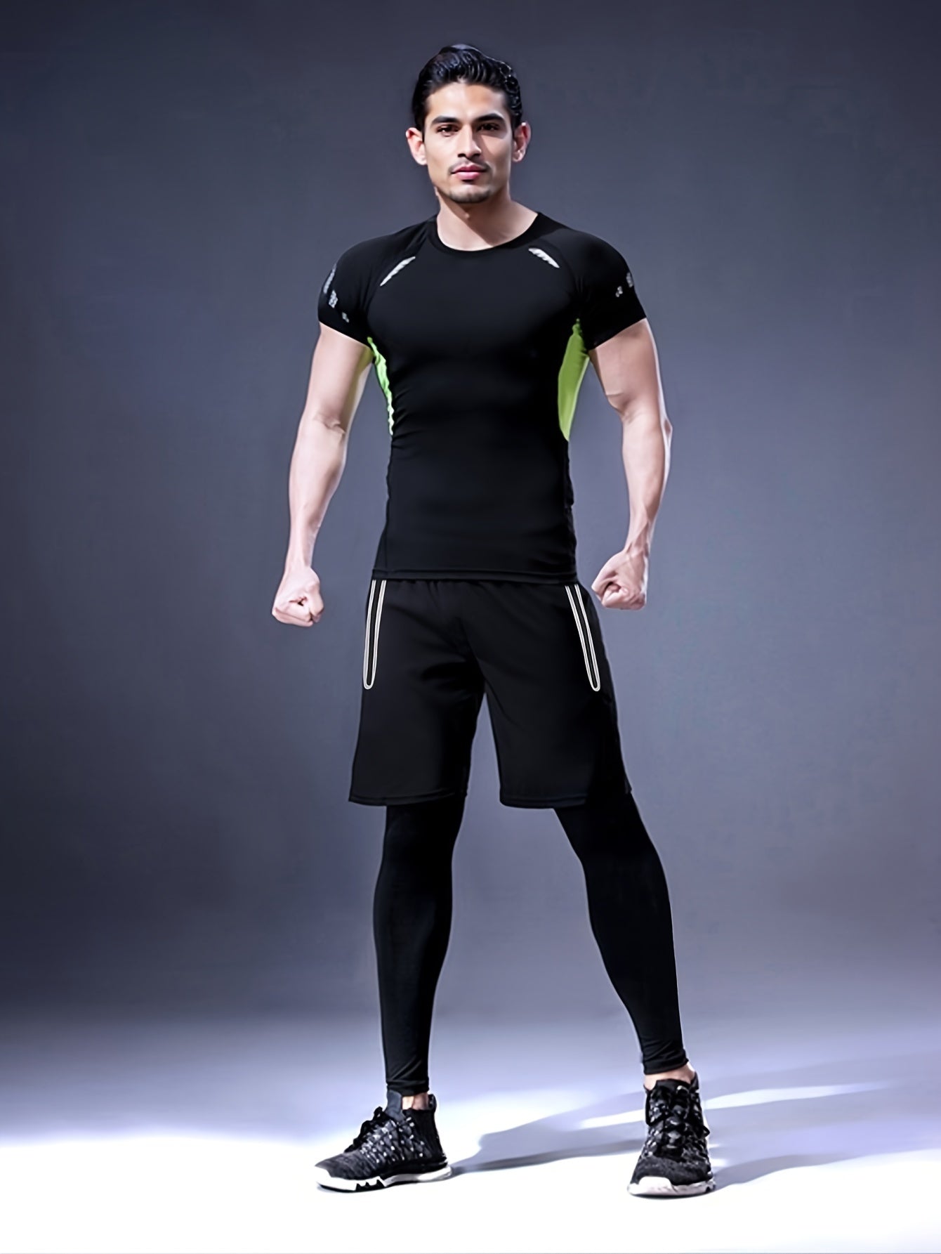 Men's Athletic Set: Includes hooded jacket, long sleeve shirt, shorts, and leggings for running, training, hiking, and outdoor activities. Made of polyester and spandex blend.