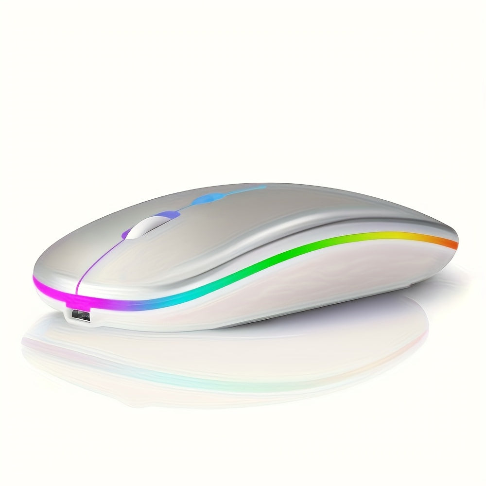 Rechargeable LED wireless mouse with dual mode, silent operation, and ergonomic design. Suitable for various devices like laptops, desktops, and tablets.