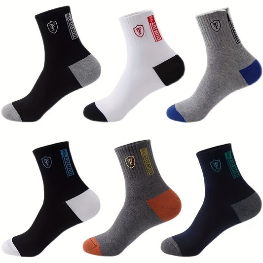 5 pairs of men's athletic crew socks with moisture-wicking fabric, stylish "SPORTS" design in assorted colors.