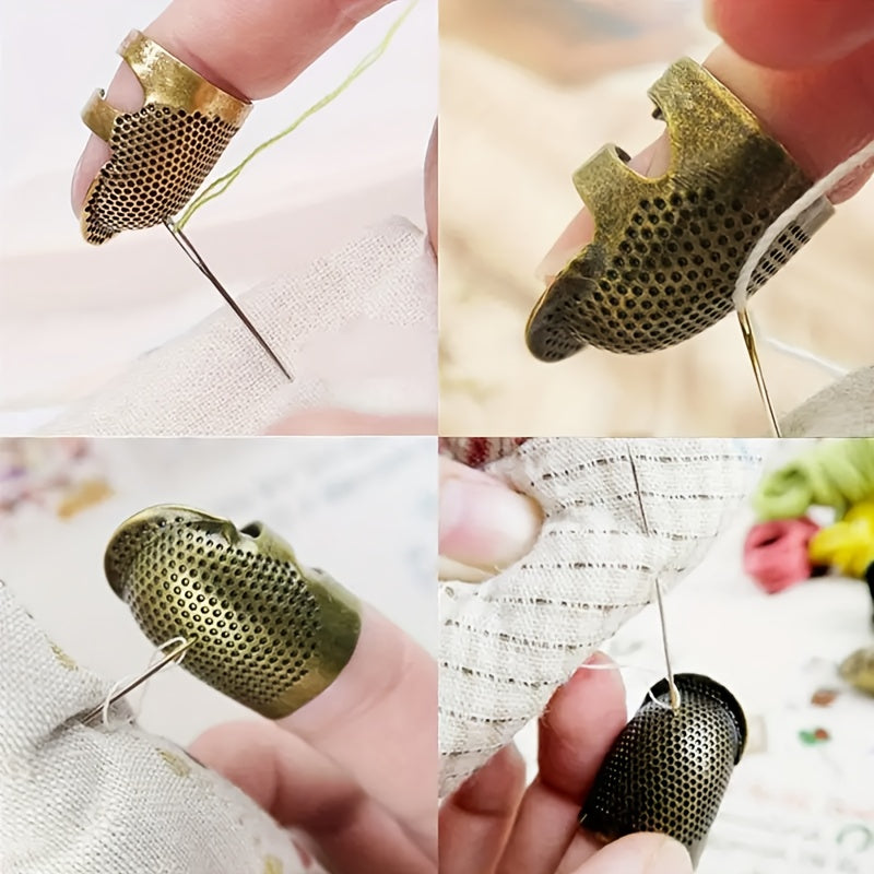 Handmade copper finish thimble with adjustable size, anti-slip finger cap for sewing.