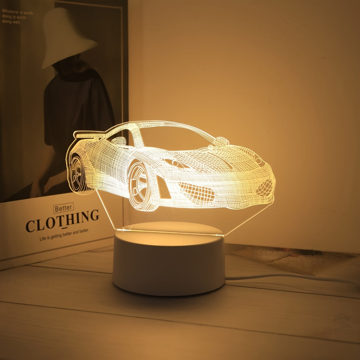 Modern 3D sports car night light, USB powered, perfect for gifts, no batteries needed, suitable for various rooms.