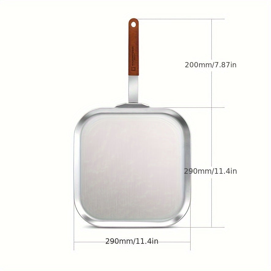 Square Frying Pan with Tri-Ply Stainless Steel Construction - 29*29cm, Featuring a Wooden Handle, Flat Griddle Design for Cooking Steak & Eggs, Ideal for Home and Outdoor Use, High-Quality Cookware with Even Heating and Long-Lasting Durability