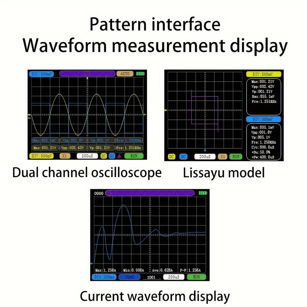 1pc Dual-channel Digital Oscilloscope with 10M Analogue Bandwidth, 50M Sampling Rate, Lissajous Patterns, and 6A Current Waveform.