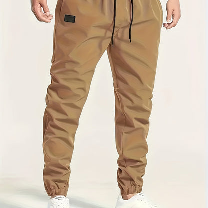 Men's Beige Cargo Pants with Multiple Pockets - Machine washable, comfortable loose fit, ideal for outdoor activities, made of durable polyester fabric.