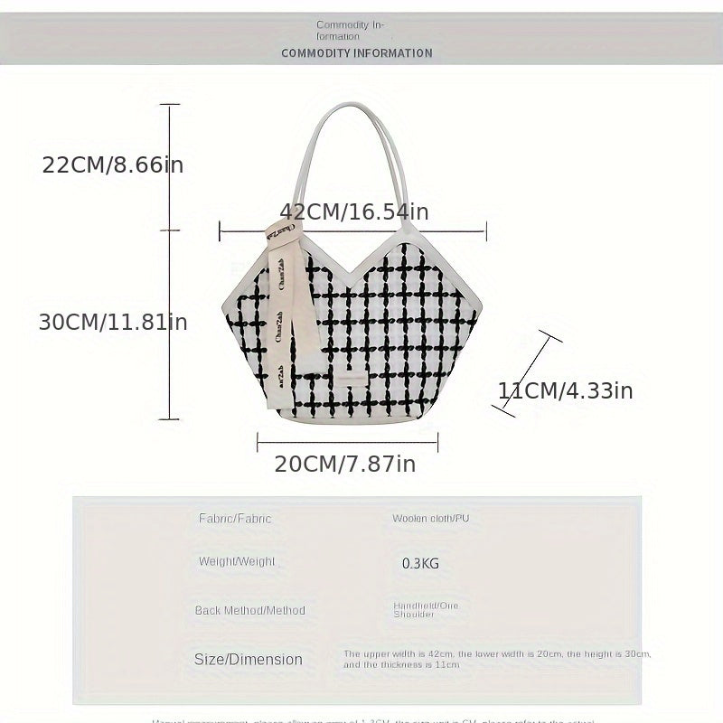 European American Fashion Women'S Tote Handbag - Trendy Large Capacity Shoulder Bag with Plaid Pattern, Polyester Material, Zipper Closure, Crossbody Option, Non-Wash Care