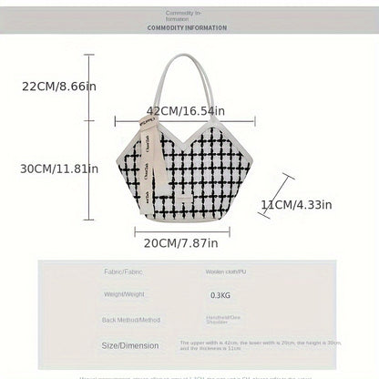 European American Fashion Women'S Tote Handbag - Trendy Large Capacity Shoulder Bag with Plaid Pattern, Polyester Material, Zipper Closure, Crossbody Option, Non-Wash Care