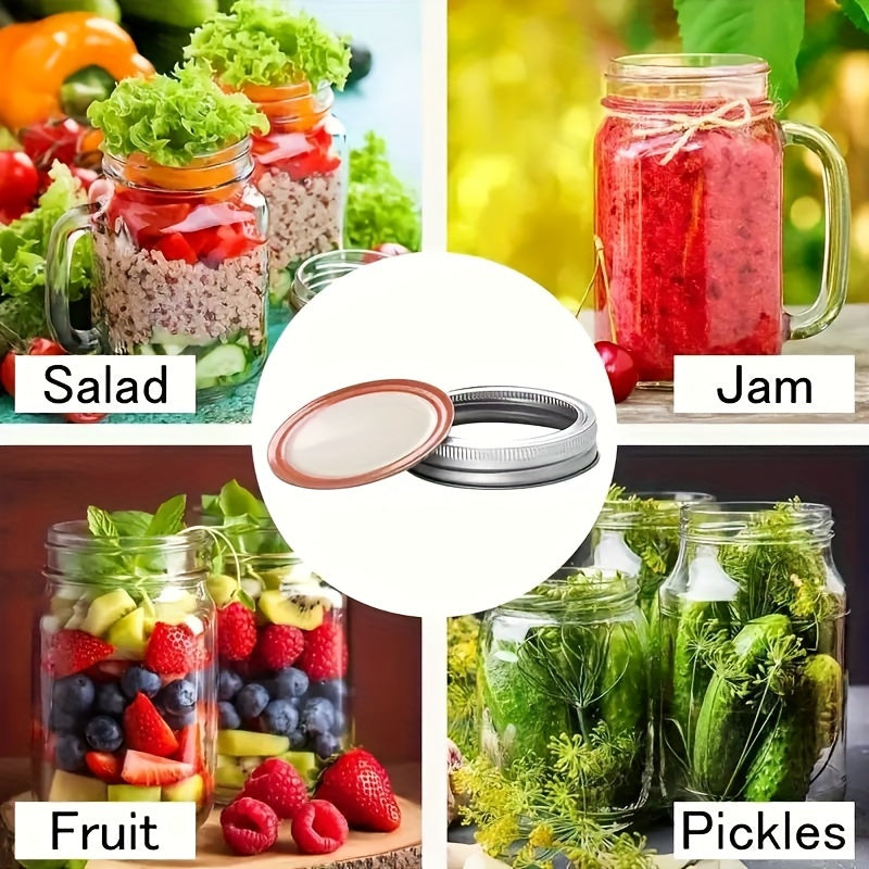 20 pieces/10 sets of can lids for both regular and wide mouth can sizes. These two-piece lids come with silicone sealing rings for leak-proof and safe storage. They are suitable for regular and wide mouth Mason jars, helping with kitchen organization and