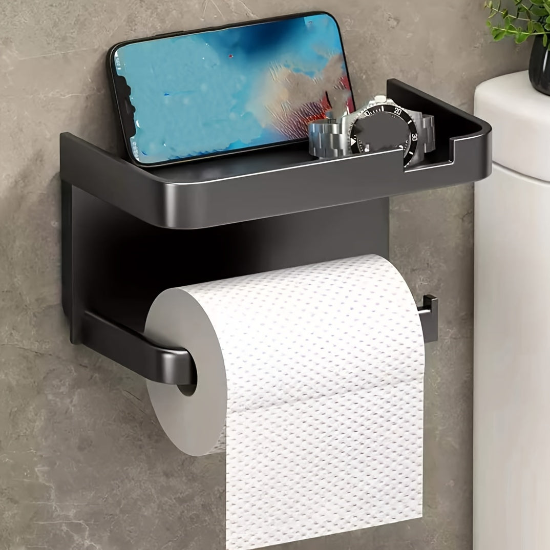 Wall-mounted toilet paper holder with shelf and phone holder, made of plastic, self-adhesive, no drilling required.