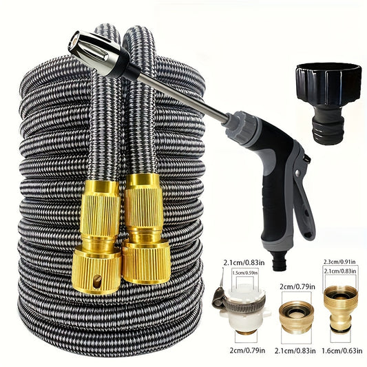 Durable expandable garden hose with nozzle, flexible rubber material, 3-layer TPE core, 3/4" universal connectors, commercial grade, multi-purpose watering tool, available in 25-100 ft