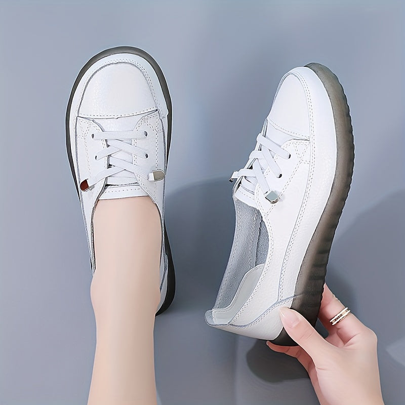 Women's Genuine Synthetic Leather Sneakers in White, Red, and Black options. Lightweight, non-slip, soft sole for all-season casual wear. Classic lace-up design with durable PVC sole.