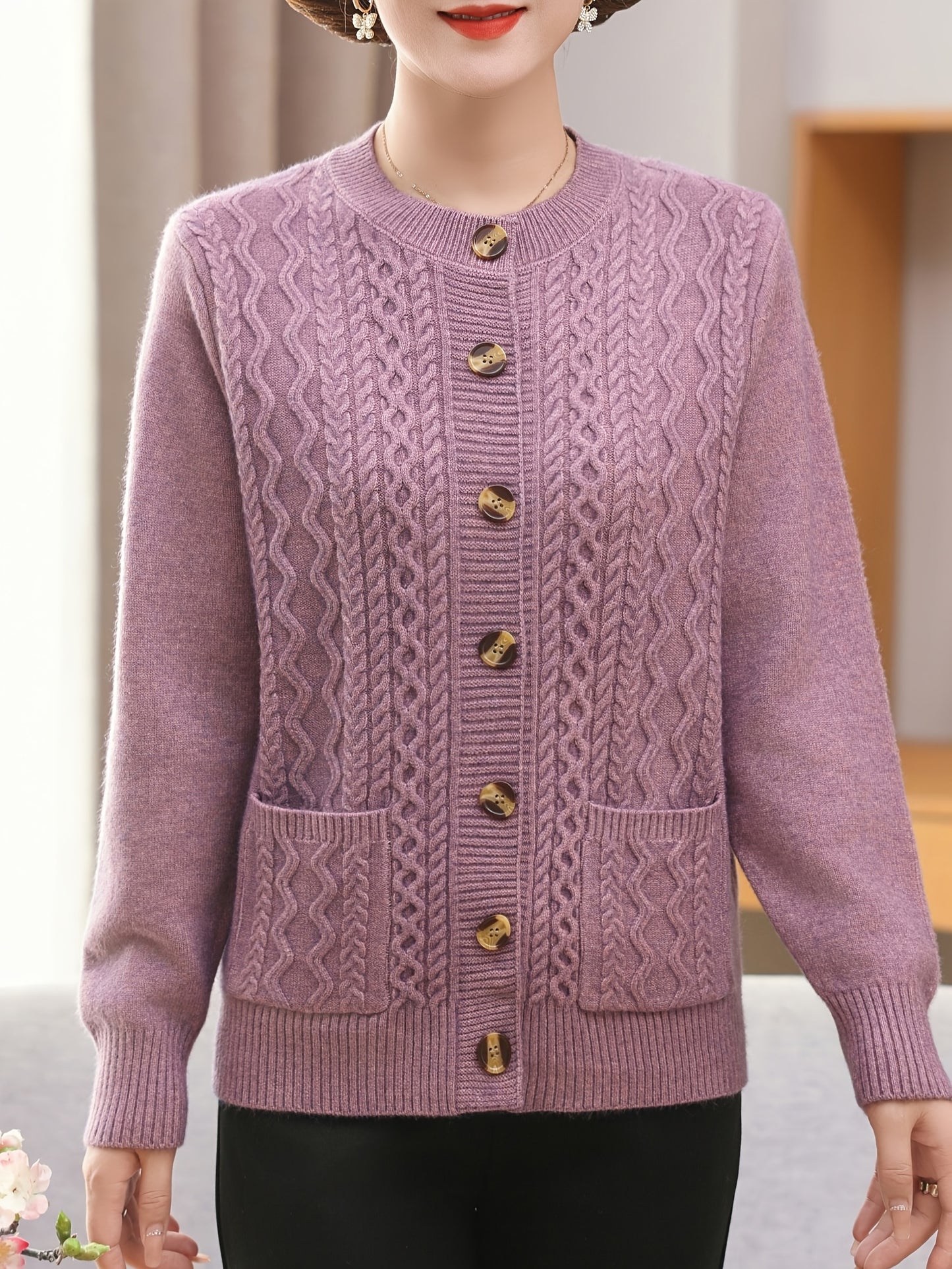 Women's cozy cable knit cardigan with button front, pocket, and long sleeves - perfect for all seasons